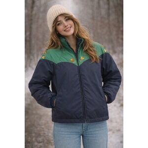 Vintage Frostline Kit Down Puffer Jacket Embroidered Floral Boho Size Small Blue